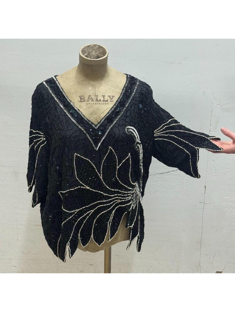 Vintage Broadway Costume 70s Black Sequin Beaded Floral Silk Fairy Top